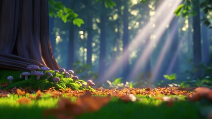 A serene forest scene with sunlight filtering through trees, highlighting mushrooms and autumn leaves.