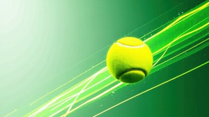 Tennis ball moving fast leaving green light trails on green background