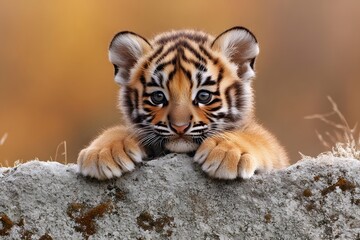 Obraz premium Adorable Tiger Cub Resting on Rock in Natural Habitat with Autumn Background