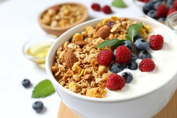 Delicious granola with berries and yogurt on a light background