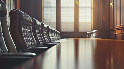 Obraz premium Corporate Bankruptcy Hearing Room with Long Wooden Table and Leather Chairs, Dim Lighting Creates Solemn and Isolated Atmosphere 