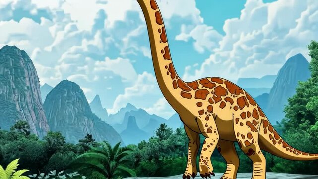 Large dinosaur is standing in a forest. The dinosaur is brown and white. The forest is full of trees and plants