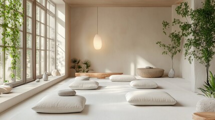 Meditation room with floor cushions, soft lighting, and plants