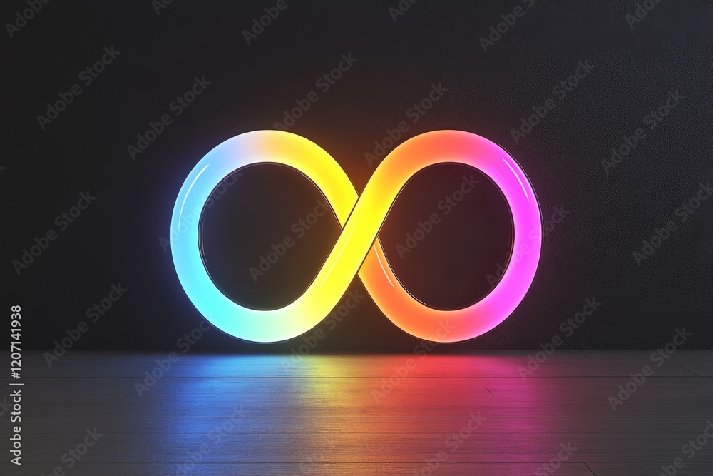 Wall mural glowing rainbow infinity symbol on dark background.