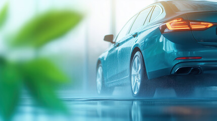 Modern eco-friendly car wash system with water-saving technology, highlighting sustainability, cleanliness, and efficient vehicle maintenance in an urban environment.