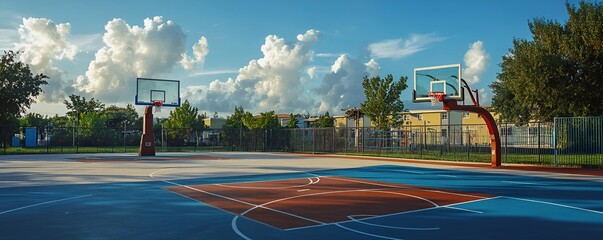 A school playground featuring a basketball court and a football goal in the background