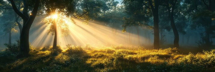 Sunbeams through Misty Forest: A Breathtaking Dawn