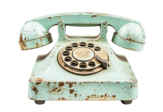 Rusty rotary dial telephone with coiled cord and antique design