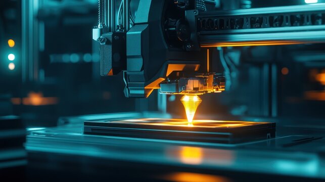 robotic arms assisting a 3D printer, synchronized precision, high-detail objects being produced, glowing interface, sleek futuristic design