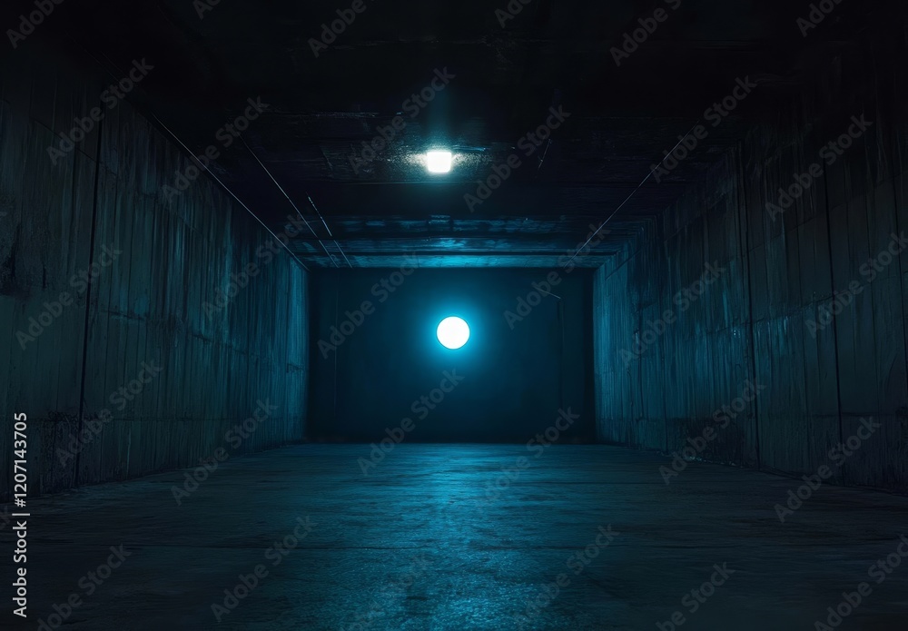 Poster Dark, grungy tunnel with single blue light source at end.