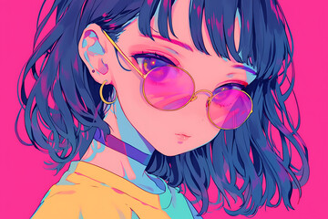 A vibrant portrait of a young woman with stylish sunglasses against a pink background, exuding confidence