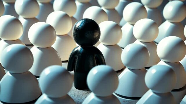 Black and white chess piece is surrounded by many other chess pieces. The black piece is the only one that is not white