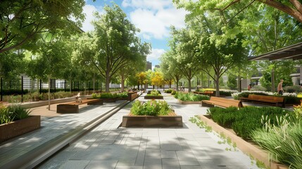 An urban landscape with trees, seating areas, and carefully planned landscaping. stock photo --ar 16:9 --style raw --v 6 Job ID: 4c1ec40c-ed05-4648-8504-086cbc727296
