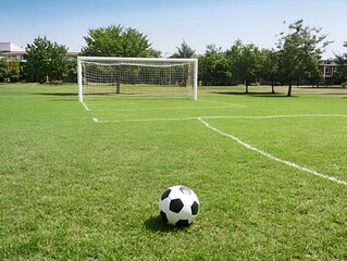 A school playground soccer field with a goalpost and a soccer ball neatly placed on the grass