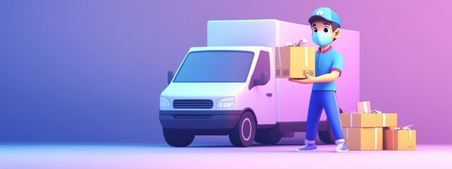 Masked Delivery Person with Packages and Van: Safe and Reliable 3D Render