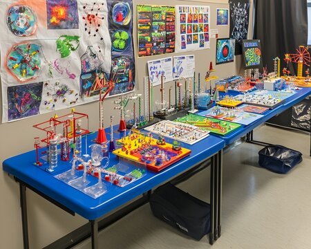 A school science fair display table with colorful projects and detailed models