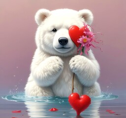 Illustration of fluffy bear with red heart.