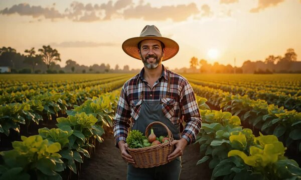 Smiling Farmer Holding Basket of Fresh Vegetables at Sunset in a Field