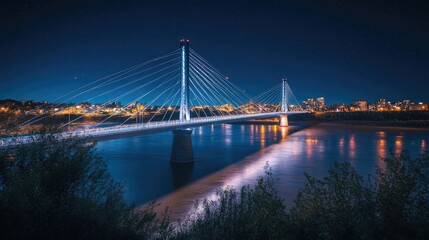 Fototapeta premium A wide-angle view of a suspension bridge lit up against the night sky, with the river flowing underneath and the cityscape glowing in the background.