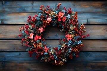 A festive wreath with red berries and flowers on a wooden background