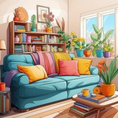 Cozy Room Depicted in a Simple Coloring Book Style Illustration