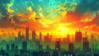 A vibrant sunset casts a warm glow over a futuristic cityscape, with birds soaring through the sky.