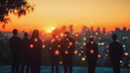 abstract professional business team people connection of line from nail node to node on Smart digital cityscap and skyline background , Innovation networking concept