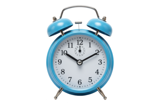 A retro-style blue alarm clock with two bells on top, showing 10:10 on the face, isolated on a white background
