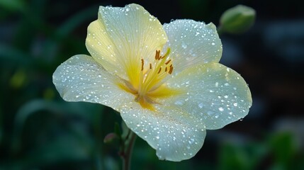 Fototapeta premium A beautiful flower with transparent water droplets on its delicate petals, set against a blurred nature background.