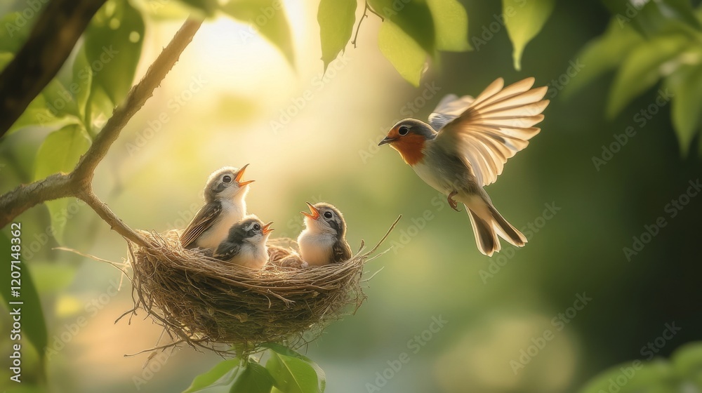 Poster a beautiful image of a nest with baby birds looking up, with a blurred background of their parent bi