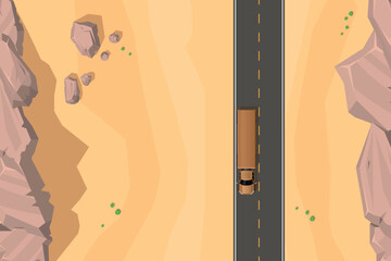 Top view of a desert landscape with a straight paved road, yellow dotted lines and a large truck. Surrounded by sandy terrain and rocks on both sides. Aerial. View from above. © Алексей Шпадарук