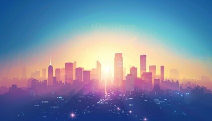 A city skyline at sunrise with a bright light emanating from the center of the city.