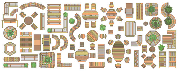 A set of isolated vector icons with a top view of furniture for the terrace, garden, backyard. Benches, tables, chairs of various shapes, green plants. Landscape design. View from above.