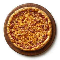 Delicious cheese pizza on wooden board.