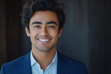 Hyperrealistic photo of a business man in a suit smiling into the camera. Manager working in a finance company as an executive professional. 