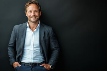 Fototapeta premium Hyperrealistic photo of a business man in a suit smiling into the camera. Manager working in a finance company as an executive professional. 