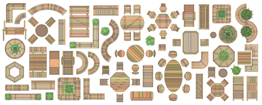 A set of isolated vector icons with a top view of furniture for the terrace, garden, backyard. Benches, tables, chairs of various shapes, green plants. Landscape design. View from above.