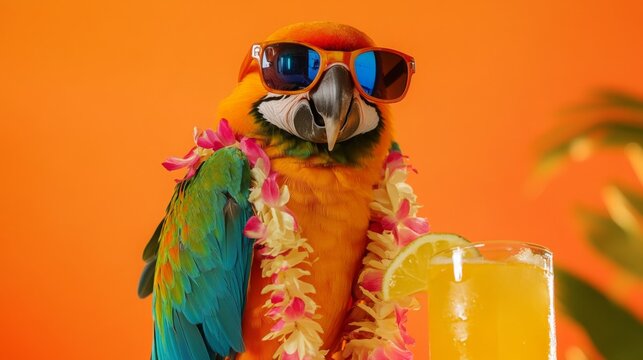 A colorful parrot with sunglasses and a lei poses next to a drink against an orange background