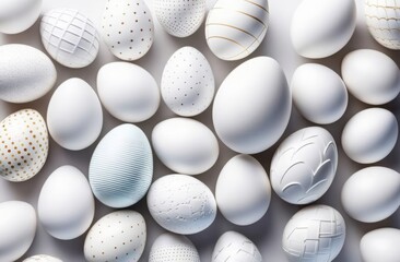 On white background many white Easter eggs with different ornaments. Happy Easter concept
