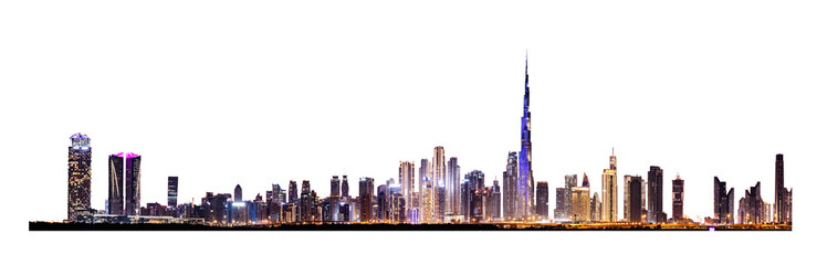 Modern downtown skyline at night with skyscrapers isolated on transparent png