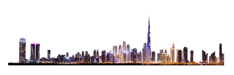 Modern downtown skyline at night with skyscrapers isolated on transparent png