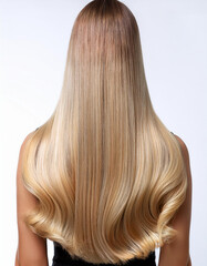 Fototapeta premium Melena rubia de mujer con el pelo suelto bien peinado y cuidado sobre fondo blanco