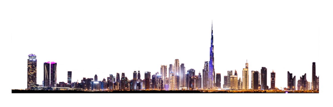 Modern downtown skyline at night with skyscrapers isolated on transparent png