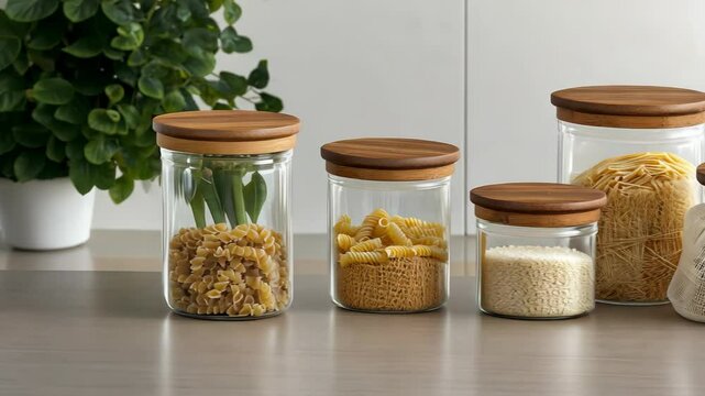 Glass containers showcase various dry food items and add elegance while keeping the kitchen organized and visually appealing