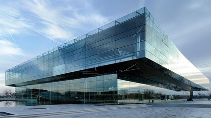 Fototapeta premium A sleek glass building with bold, minimalist design elements and reflections of the sky. stock photo --ar 16:9 --style raw --v 6 Job ID: e8e88bb8-8a55-4045-90ad-b878382e474f