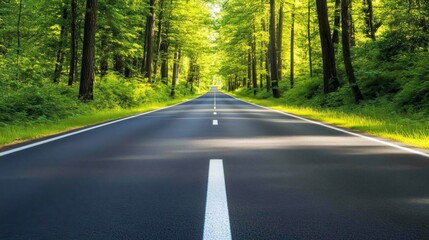 Fototapeta premium A serene road stretches through a lush green forest, inviting exploration and adventure.