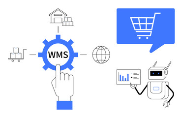 Hand interacts with WMS gear icon, robot presents analytics, shopping cart icon over speech bubble, warehouse, pallet truck, globe. Ideal for e-commerce, logistics, automation, supply chain