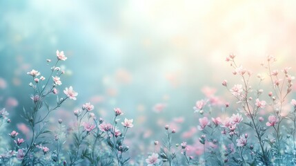 A field of pink flowers with a blue sky in the background