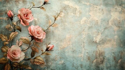 A painting of pink roses with a blue background