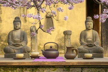 Tea Ceremony in a Temple: A serene temple courtyard with a tea table set against the backdrop of ancient stone statues and blooming cherry blossoms.